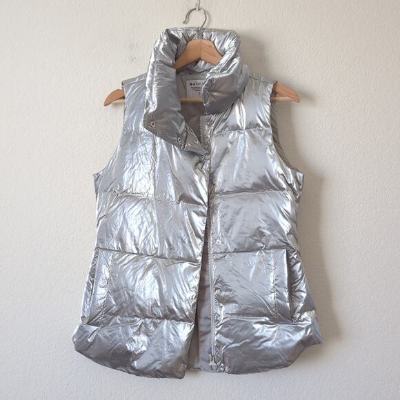 Athleta Puffer Vest Womens Silver Metallic Shiny Small Goose Down Puffy - Picture 5 of 12